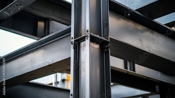 Fototapeta Close-Up View of Industrial Steel Structure with Metallic Beams