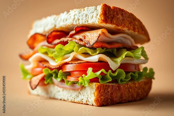 Obraz Delicious club sandwich stock-image with layers of crispy bacon, fresh lettuce, juicy tomato slices, and tender turkey stacked between perfectly toasted bread