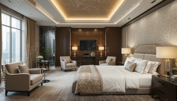 Fototapeta Elegant Modern Hotel Room Interior Design With Cozy Atmosphere
