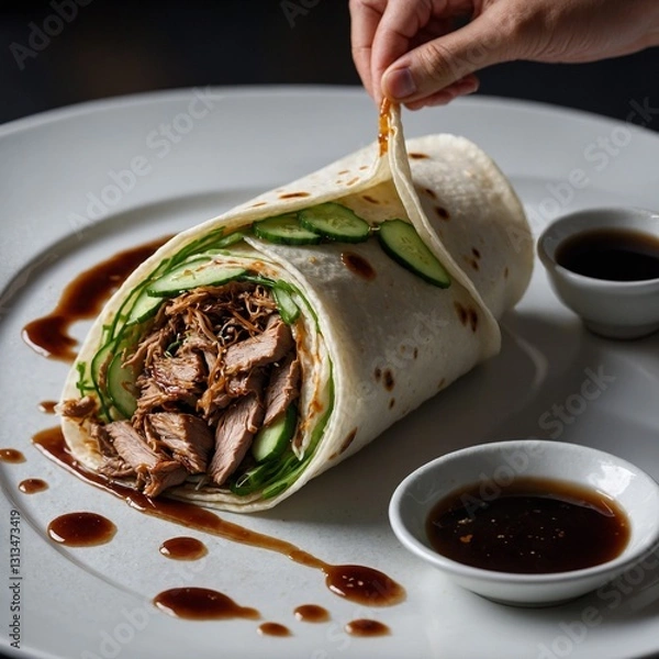Fototapeta A close-up shot of a Peking duck wrap being prepared, with a thin pancake filled with crispy duck, hoisin sauce, cucumber, and scallions, neatly rolled on a white plate.