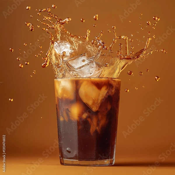 Obraz Refreshing iced coffee splash with ice cubes against warm background, capturing dynamic movement and vibrant droplets. Perfect for beverage lovers and summer vibes