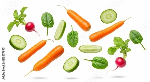Fototapeta The overhead view of a diverse arrangement of vegetables scattered in a pattern on a clean white background showcases bright colors and textures