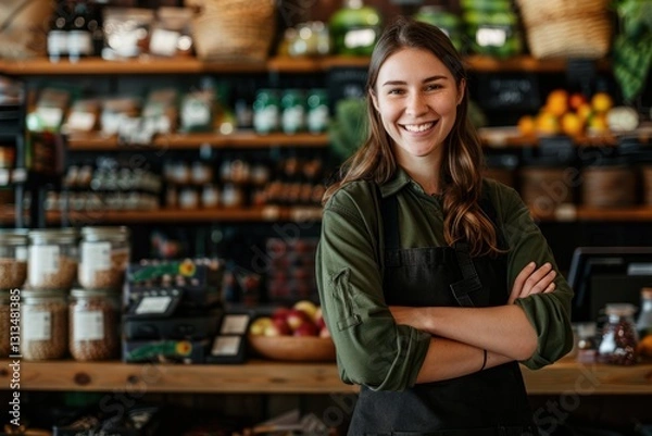 Fototapeta A smiling woman in a green shirt and black apron stands behind a counter in a store with her arms crossed.
