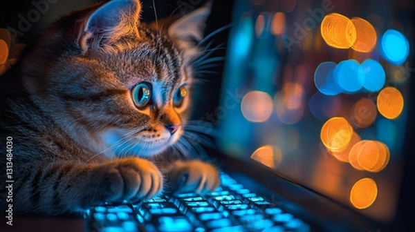 Fototapeta Cyber Hacker Cat in a Neon World