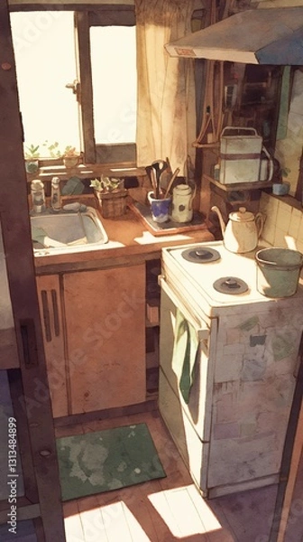 Fototapeta ナチュラルで温かみのあるキッチン｜青いキャビネットと緑の植物