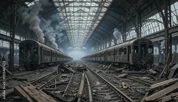 Fototapeta Abandoned Railway Station with Old Trains and Atmospheric Vibe