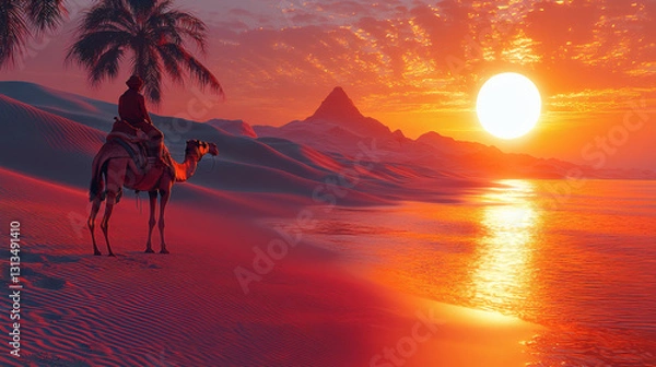 Fototapeta A Man and a Camel Walking in the Desert Sunset