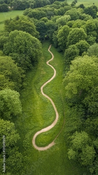 Fototapeta A winding path meanders through lush greenery. Nature invites exploration along this serene trail. Discover tranquility and beauty in every twist and turn. Generative AI