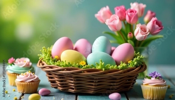 Fototapeta Pastel eggs in rustic basket, spring flowers, Easter cupcakes , cute, background