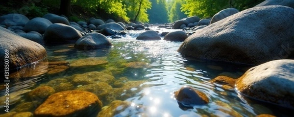 Obraz Submerged river rocks, various sizes, sunlight filtering, pebbles, shadow