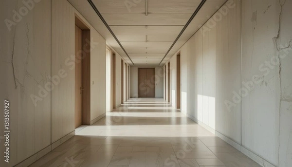 Fototapeta Modern Minimalist Corridor with Natural Light and Wooden Doors