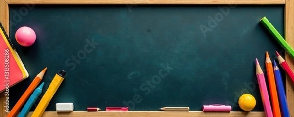 Obraz Brightly colored pencils, rulers, erasers, and notebooks border a classic double-sided blackboard , study, rulers, school theme