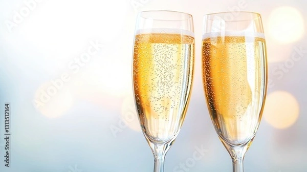 Fototapeta Two champagne glasses filled with bubbly champagne against soft, blurred background create festive and celebratory atmosphere. golden liquid sparkles with effervescence, perfect for special