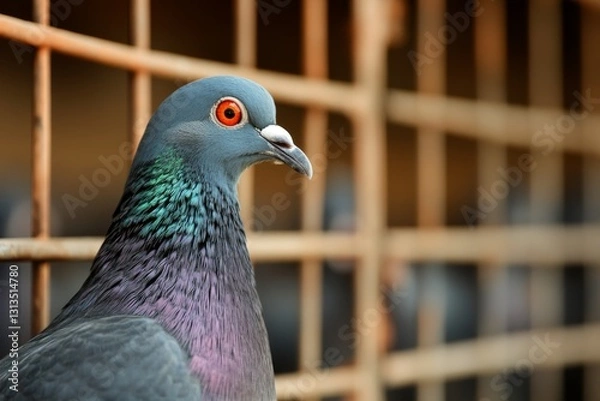 Fototapeta Colorful pigeon close-up with vibrant feathers and striking eyes in an urban environment during daylight