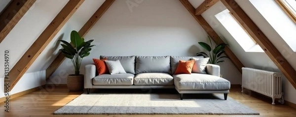 Obraz Grey sofa in an attic living room with exposed beams, attic, cozy