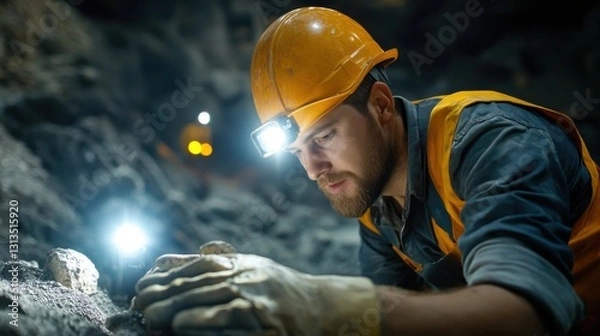 Obraz A worker inspecting diamond mines with bright headlamps