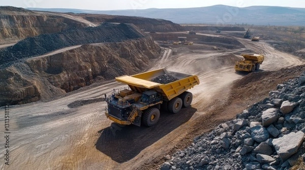 Obraz A large open-pit mining operation with massive dump trucks moving rocks