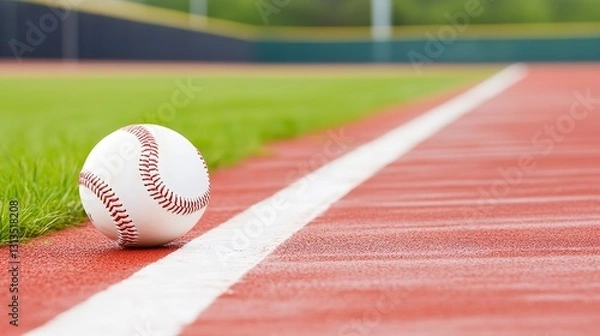 Fototapeta A Lone Baseball Rests On The Edge Of The Pitchers Mound, Ready For The Next Big Game, Under A Bright Sunny Sky, With A Blurred Green Field In The Background