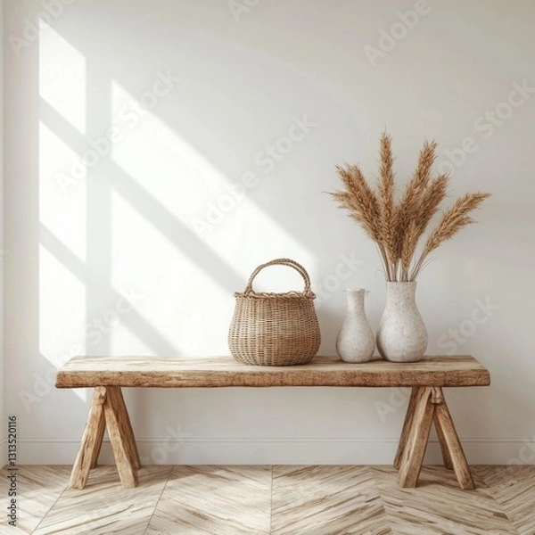 Fototapeta Rustic bench with woven basket and pampas grass in sunlit room