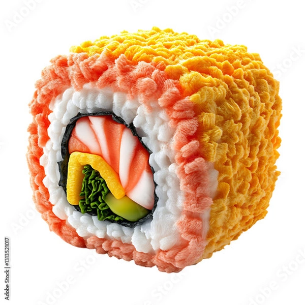 Fototapeta A Fluffy 3D Cartoon Sushi Roll with Vibrant Fillings Isolated on Transparent Background