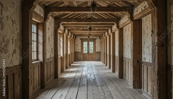Fototapeta Rustic wooden hallway with natural light and vintage architecture design