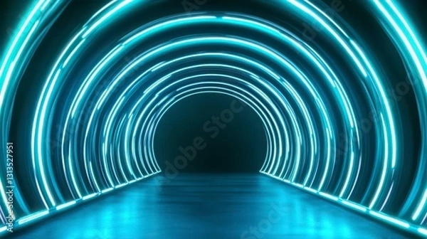Fototapeta Futuristic Neon Tunnel with Circular Light Patterns and Reflection