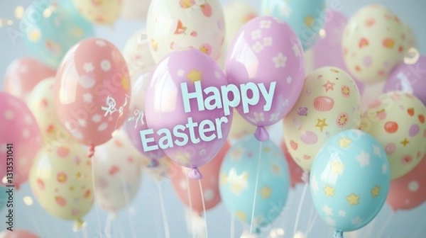 Fototapeta A 3D-rendered image of floating Easter balloons in pastel shades, with "Happy Easter" printed across them. 