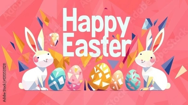Obraz A modern, flat-design Easter graphic with stylized bunnies, eggs, and "Happy Easter" in a bold, geometric font. 