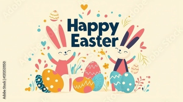 Obraz A modern, flat-design Easter graphic with stylized bunnies, eggs, and "Happy Easter" in a bold, geometric font.