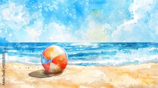 Fototapeta A hand-painted watercolor illustration of a cute beach ball bouncing on soft sand, with gentle waves in the background, 8k UHD, suitable for high-quality printing or digital display. 