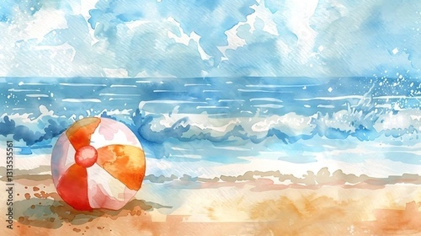 Fototapeta A hand-painted watercolor illustration of a cute beach ball bouncing on soft sand, with gentle waves in the background, 8k UHD, suitable for high-quality printing or digital display. 