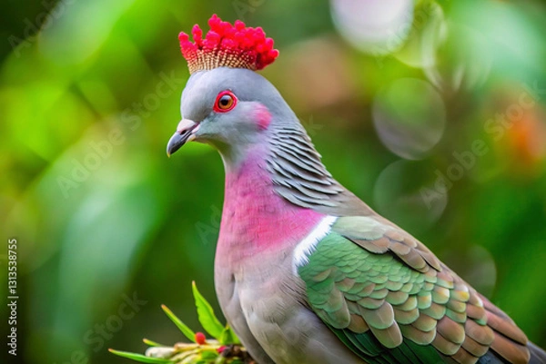 Fototapeta A medium-sized dove with a soft gray body and a vibrant rose-pink crown on its head