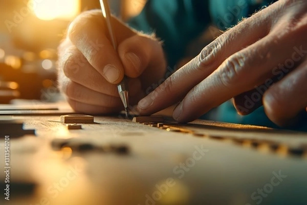 Fototapeta Close up Shots of Skilled Carpenter Meticulously Focusing on Wood Craftsmanship and Custom