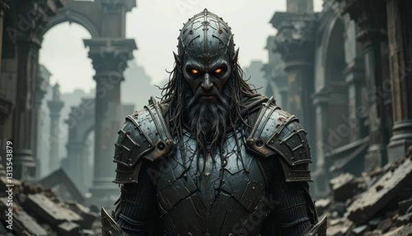 Fototapeta Mysterious Warrior in Ancient Ruins with Fiery Eyes and Armor