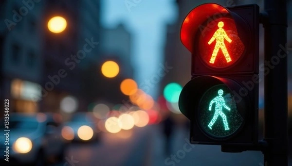 Fototapeta Soft glow of pedestrian signal, blurred city lights at dusk,  blurry,  night,  don't walk