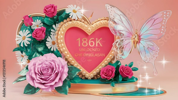 Fototapeta vibrant 3D render by BeUnique777 with an elegant and luxurious design. A lavishly decorated scene with a heart-shaped frame at its center. The frame is embellished with intricate golden patterns