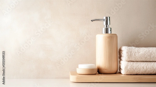 Obraz Natural bamboo bathroom accessories enhancing relaxation and promoting a sustainable spa-like atmosphere, featuring a soap dispenser, cream jar, and soft towels for eco-conscious living. Copy space