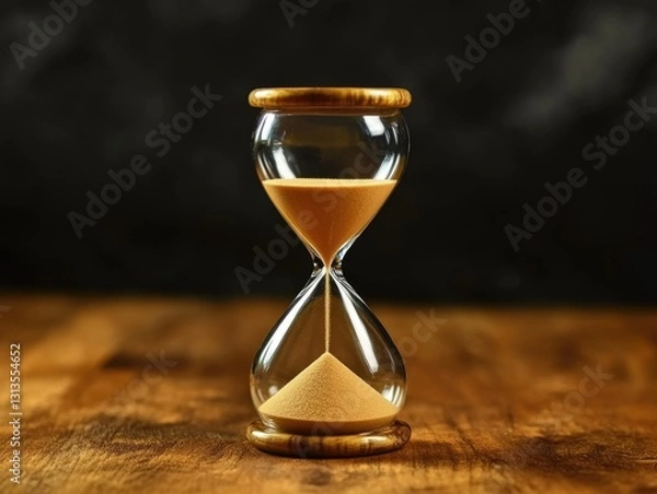 Fototapeta A sand timer is sitting on a wooden table. The sand is almost gone, and the timer is almost empty. Concept of time passing quickly and the importance of making the most of the time we have