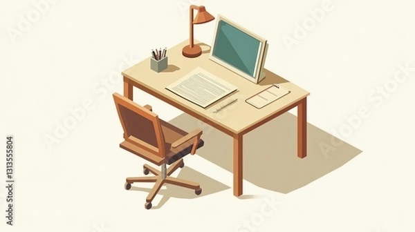 Fototapeta A stylish, minimalistic desk setup featuring a computer, lamp, and chair, perfect for a modern workspace.