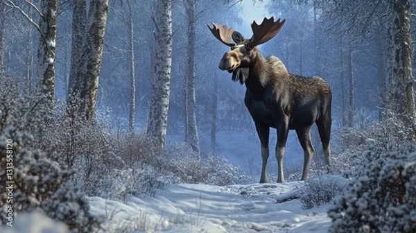Fototapeta A majestic moose strolling through a snowy forest.