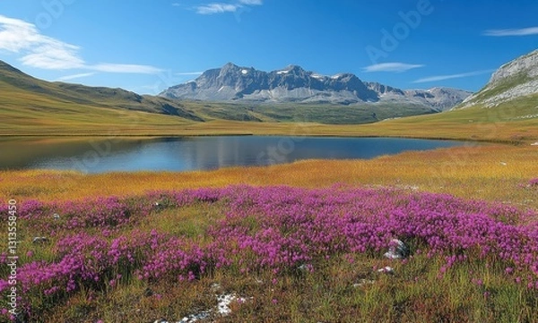 Fototapeta Scenic view of vibrant pink wildflowers by a tranquil lake reflecting majestic snow-capped mountains under a clear blue sky in a serene landscape