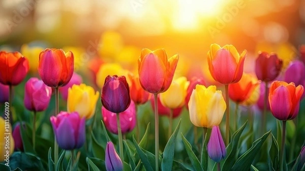 Obraz Colorful tulips in a vibrant garden at sunset