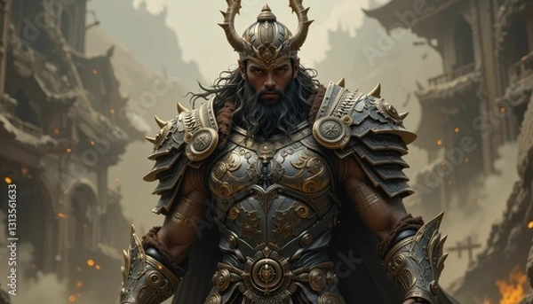Fototapeta Majestic Warrior in Ornate Armor with Mysterious Background
