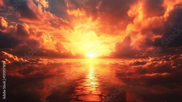 Fototapeta A stunning sunset paints the sky in vibrant oranges and yellows, reflecting beautifully on the calm ocean waters, creating a serene and picturesque view.