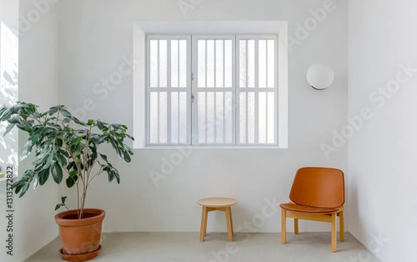 Fototapeta Cozy interior with a plant and minimalist furniture in a bright room during daytime
