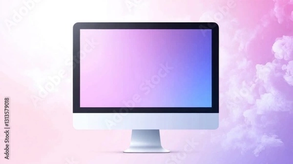 Fototapeta Modern desktop computer with blank screen against pastel cloud background.