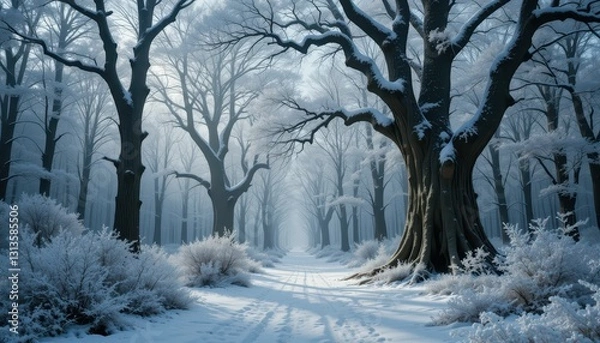 Fototapeta Serene Winter Forest with Snow-Covered Trees and Foggy Atmosphere
