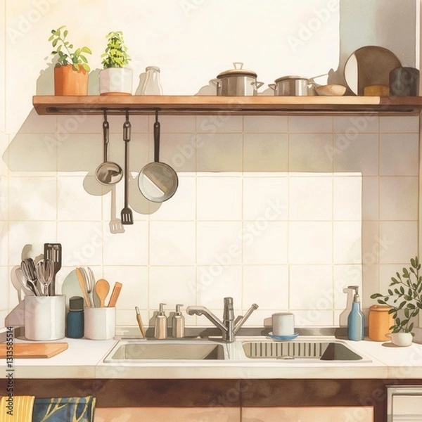 Fototapeta 観葉植物とシンプルなキッチン｜温もりのある家庭空間