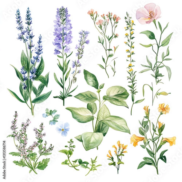 Fototapeta A beautiful collection of various flowers and plants illustrated in vibrant colors