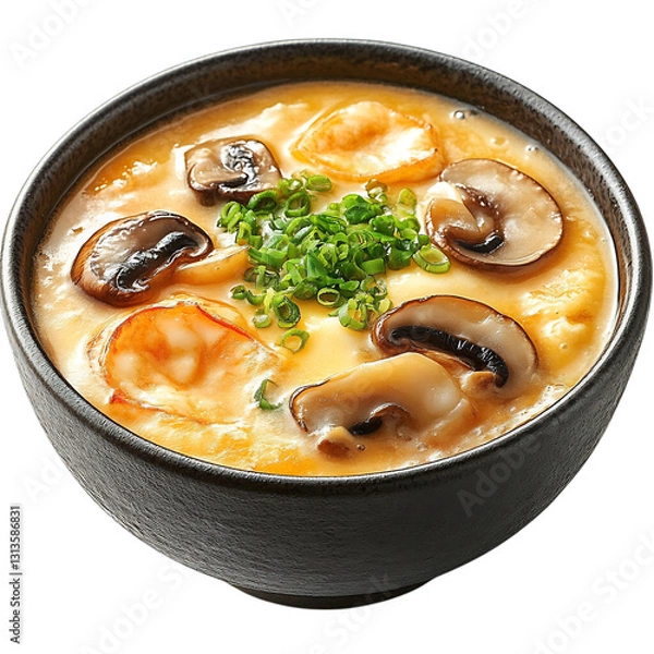 Fototapeta A Bowl of Japanese Chawanmushi Savory Steamed Egg Soup with Mushrooms Isolated on Transparent Background
